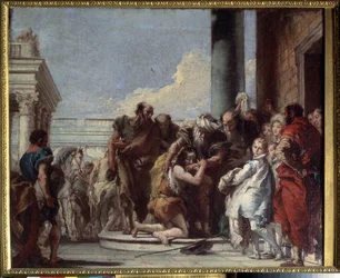 Den fortabte søns tilbagevenden (Return of the prodigal son). Maleri af Giandomenico Tiepolo (1727-1804). Olie på lærred, 49 x 59 cm