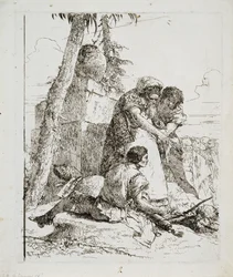 Tryllekunstner, der peger på et brændende hoved til to unge, ca. 1740