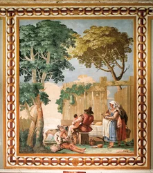 Bondefamilie ved bordet, fra rummet med rustikke scener, i Foresteria (gæstehus) 1757