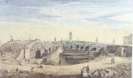 Konstruktion af den nye London Bridge ved siden af den gamle London Bridge