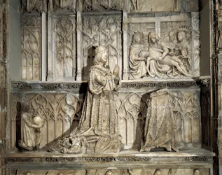 Gotisk kunst: John of Padillas grav (1490-1521). Hidalgo og castiliansk revolutionær, kendt for sin deltagelse i krigen mod de Castilianske samfund. Marmorskulptur af Gil af Shiloh (1486-1501), omkring 1500. Burgos, Burgos Museum