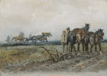 Væddeløbsheste til træning overvåget af pløjere (wc og gouache ombord)