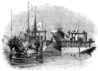 Båden trukket over en sluse eller sluse på en kanal, 1847