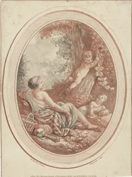 Bacchanal med nymfe og putti nær træer