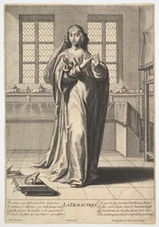 Dialektik: en ung kvinde, der står i et dekoreret interiør og rører ved sit højre indeks ..., 1633-35.