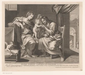 Hellig familie og engel laver en krybbe