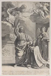 Den hellige Theresa beder sammen med Kristus, som peger opad mod Gud Faderen og ..., 1635-1700.