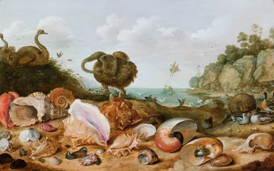 Skaller og fugle, bl.a. en dront, på en strand, Perseus redder Andromeda i baggrunden.