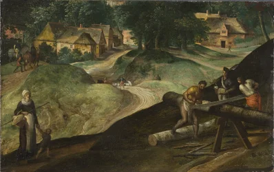 Landskab med mænd der saver tømmer - Landskab med mænd der saver tømmer, af Mostaert, Gillis (1534-1598). olie på træ