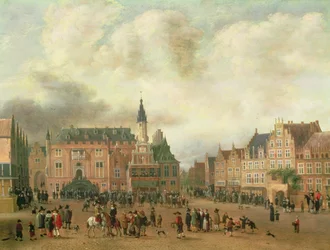Meddelelse om freden i Breda på Grote Markt, Haarlem, ca. 1667