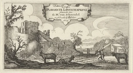 Titelprint af tolv landskaber med figurer Eenighe Playsante Lantschapkens (titel på objekt) Tolv landskaber med figurer (serietitel)