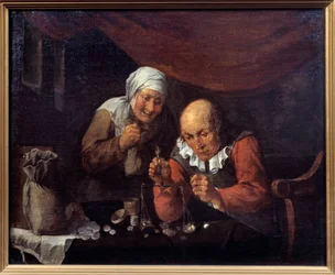 Det grådige par gamle mænd vejer deres ejendele. Maleri af Gillis Van Tilborgh (eller Tilborch
