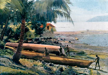 Bygning af kanoer, Andaman- og Nicobarøerne, Det Indiske Ocean, c1890