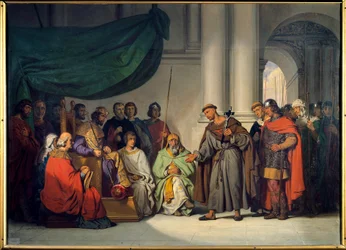 Første korstog: "" Den østlige kejser Alexis Comnene (1048-1118) modtager Eremitten Peter, der kom for at formane ham til korstoget i Konstantinopel i august 1096"" Maleri af Gillot Saint Evre (1791-1858) 1839 Søn. 0,98 x 1,36 m Versailles. Chateau Museum