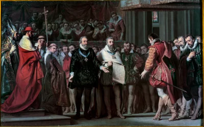 Filip II af Spanien anerkender Henrik IV som konge af Frankrig Maleri af Gillot Saint Evre (1791-1858) 1837 Søn. 0,17x0,71 m