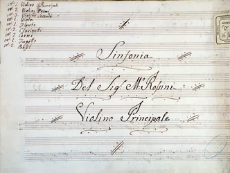 Detalje af første side af violinmusikpartitur til en symfoni af Gioacchino Rossini