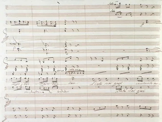Side med partitur af Le Comte Ory med håndskrevne rettelser af Gioacchino Rossini
