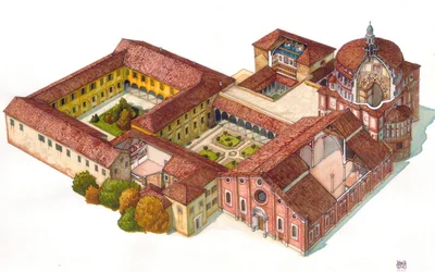 Aeriansk udsigt over kirken Santa Maria delle Grazie, grundlagt i 1463 af dominikanerne, i Milano, Italien. I refektoriet ses Leonard de Vincis Cene (Cenacolo).
