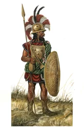 Det gamle Rom (arkaisk 753-530 f.Kr.): gengivelse af et krigerisk våben, hjelm, skjold, spyd (monarkisk periode i det 8. århundrede f.Kr.)