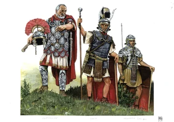 Det gamle Rom: en centurion, en optio (budbringer mellem centurioner og decurioner) og en legionær. 2. århundrede