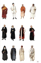 Kostumer og kjoler fra medlemmer af præsteskabet i forskellige religioner, buddhistisk munk, ortodoks, kardinal, protestantisk præst.