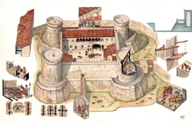 Detaljeret luftfoto af det aragonske slot Venosa bygget af Pirro del Balzo i 1470, nær Potenza i Basilicata, Italien Kopper giver dig mulighed for at se fanger i cellerne inde i tårnene, der fungerede som fængsel. Detailbilleder viser soldater i forsvarspo