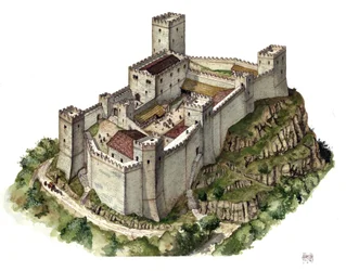 Middelalderlig arkitektur: rekonstruktion af Canossa-slottet i det 11. århundrede, på den tid hvor grevinde Mathilde af Canossa (eller grevinde Mathilde af Toscana) (1046-1115) og pave Gregor 7. (1015/20-1085) søgte tilflugt. Italien. Illustration af Gior