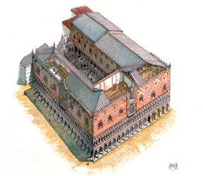 Middelalderen: Luftfoto og arkitektonisk udsnit af Dogepaladset (eller Hertugpaladset eller Palazzo Ducale) på Markuspladsen i Venedig i det 15. århundrede. Italien