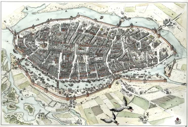 Middelalder: luftfoto af byen Lübeck i Tyskland med gadeplan, der viser dens geografiske placering på en ø ved sammenløbet af floderne Wakenitz og Trave. 15. århundrede. Tyskland. Illustration af Giorgio Albertini. (Brugen af denne forfatter w
