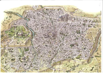 Middelalderen: detaljeret luftfoto af byen Samarkand (Samarkand), hvor man kan se voldene, i Usbekistan på det mongolske Chaybanid-dynastis tid. 1450 omkring Centralasien. Illustration af Giorgio Albertini. (Brugen af denne forfatters værker er