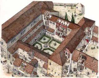 Middelalderen: Genopbygning af et kloster og nonnernes eller munkenes liv. Udskæringerne giver dig mulighed for at se de indre scener. Illustration af Giorgio Albertini. (Brugen af denne forfatters værker er ikke underlagt en ansøgning om tilladelse fra en