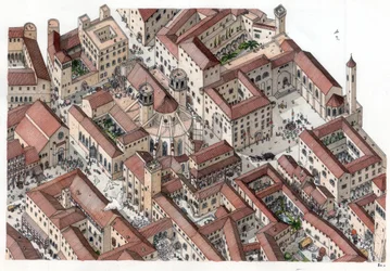 Middelalderen: Genopbygning af det historiske kvarter Barri Gotic (barrio gotico) i Barcelona i det 14. århundrede. Cathedrale Sainte-Eulalie (Sankt Eulalie) er synlig. Spanien Illustration af Giorgio Albertini. (Brugen af denne forfatters værker er ikke u