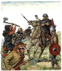 Middelalderen: scene fra slaget ved Roncevaux (Spansk Baskerland), en frankisk rytter fra Karl den Stores hær kæmper mod maurerne i 778. 8. århundrede. Illustration af Giorgio Albertini.