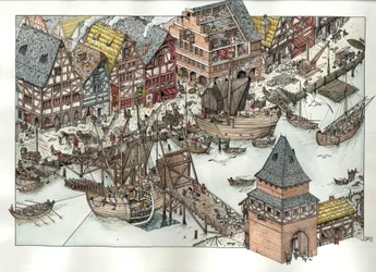 Middelalderen: Udsigt til handelsaktiviteter omkring havnen i Lübeck ved Østersøen. Det 14. århundrede. Tyskland