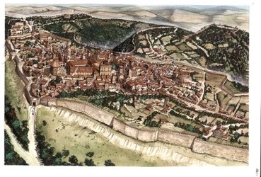 Middelalderen: Udsigt over middelalderbyen Volterra, omgivet af volde, i det 14. århundrede. Toscana. Italien Illustration af Giorgio Albertini. (Brugen af denne forfatters værker er ikke underlagt en ansøgning om tilladelse fra en tredjepart eller til t