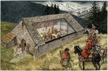 Rekonstruktion af et hospital (hospice eller tilflugtssted) af peleriner i Moncenisio (Montcenis) i Alperne, Italien