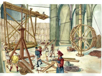 Renæssance: Rekonstruktion af byggepladsen for kuplen i kirken Santa Maria del Fiore (Duomo) efter tegninger af arkitekten Filippo Brunelleschi. 1436. Firenze Italien Illustration af Giorgio Albertini. (Brugen af denne forfatters værker er ikke tilladt.