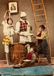 Børn spiser spaghetti med hænderne, Napoli, ca. 1865 (tryk på dobbeltvægtspapir)