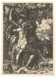 Angelica og Medoro, parret omfavner, Medoro skærer deres navne ud i barken af en..., ca. 1570.