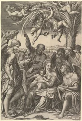 Hvil på flugten til Egypten, den hellige familie under et palmetræ omgivet af engle, sat..., 1578.
