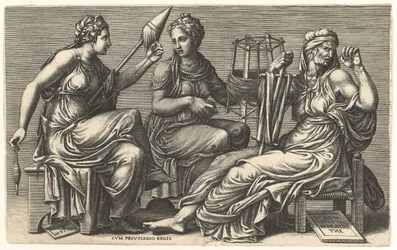 De tre skæbnegudinder Klotho, Lachesis og Atropos, 1558-59