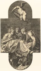 Tre muser og en putto over med en lyre, fra en serie på otte kompositioner efter Fran..., 1560