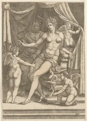 Venus og Vulkan siddende på en seng
