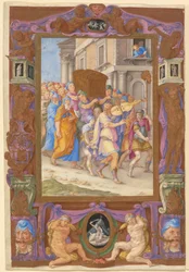 Kong David danser foran Pagtens Ark, i en dekorativ ramme, ca. 1540 (akvarel og kropsfarve på pergament)
