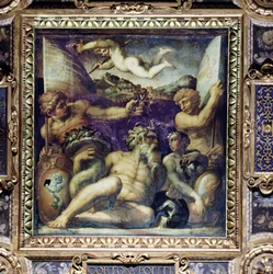 Allegori over Cortona- og Montepulciano-regionerne fra loftet på Salone dei Cinquecento, 1565 (panel)
