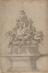 Design til en fontæne med flodguder og nymfer., 1511-74.