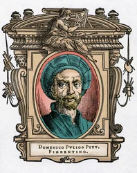 Portræt af Domenico PULIGO [1492-1527] italiensk maler. Gravering af godbidden "" Livet af de mest fremragende malere, billedhuggere og arkitekter "" (Le Vite de