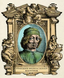 Portræt af Francesco FRANCIA (1450-1517) italiensk maler. Gravering af afhandlingen "" De mest fremragende malere, billedhuggere og arkitekters liv" (Le Vite de
