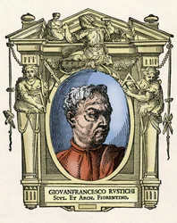 Portræt af Giovan Francesco RUSTICI (1474 - 1554) italiensk billedhugger og arkitekt. Gravering af godbidden "" Livet af de mest fremragende malere, billedhuggere og arkitekter "" (Le Vite de