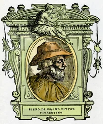 Portræt af Piero di Cosimo (ca. 1462-1521?), florentinsk maler. Gravering af godbidden "" Lives of the most excellent malers, sculptors and architects "" (The Lives of the most excellent malere, billedhuggere og arkitekter) af Giorgio Vasari
